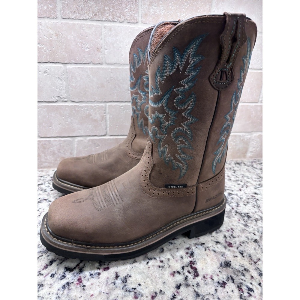 BRAZOS Brown Leather Embroidered Steel Toe Western Work Boots Women's 9.5B NEW